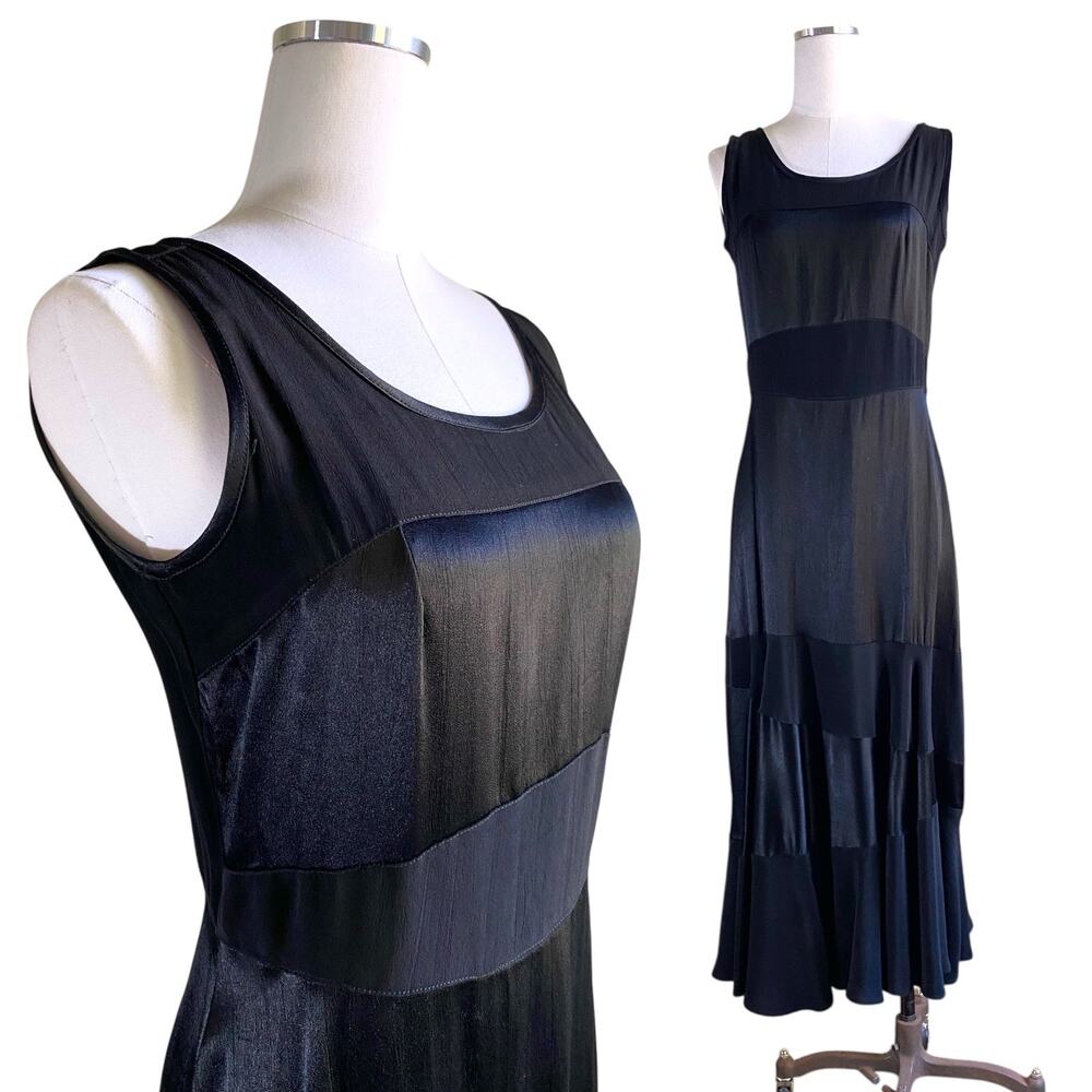 90s Akla Pkla Black Satin Rayon Bias Cut Glamour Minimalist Maxi Dress w/ Sash 6